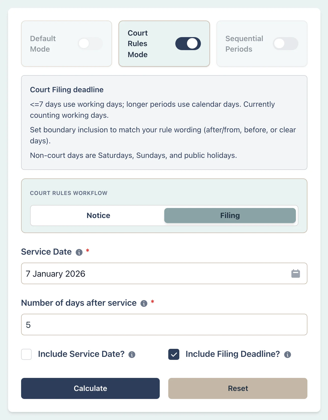 Court filing deadline scenario setup